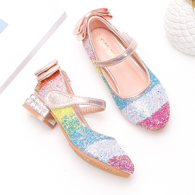 Lemai nó azul sapatos de couro para meninas novo 2021 criança arco-íris lantejoulas princesa sapatos crianças de cristal de salto alto único sapatos: Rosa / EUR32 Inner 20CM