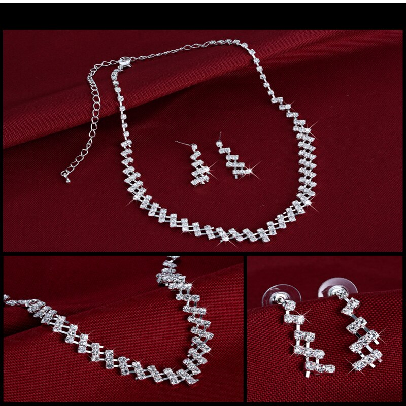 Conjunto de joyas de boda chapadas en plata, conjunto de joyería de diamantes de imitación brillantes de cristal, collar , pendientes, conjunto de joyería de compromiso