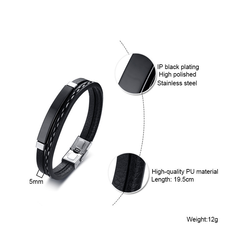 1 Men's Wish Stainless Steel Leather Bracelet With Curved Pu Leather Woven Bracelet For Travel Wear And Accessories-805091