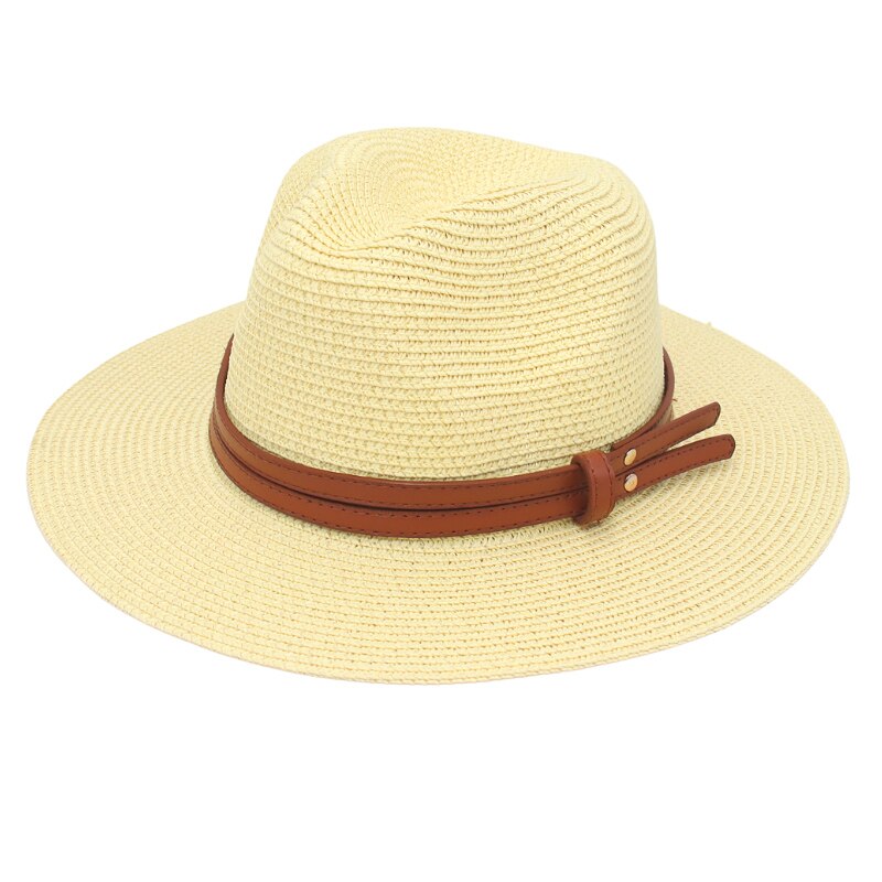 Chapeau d'été en paille pour femmes et hommes, à large bord, solide, Panama, pour la plage, décontracté, fait à la main, Protection UV: beige 2
