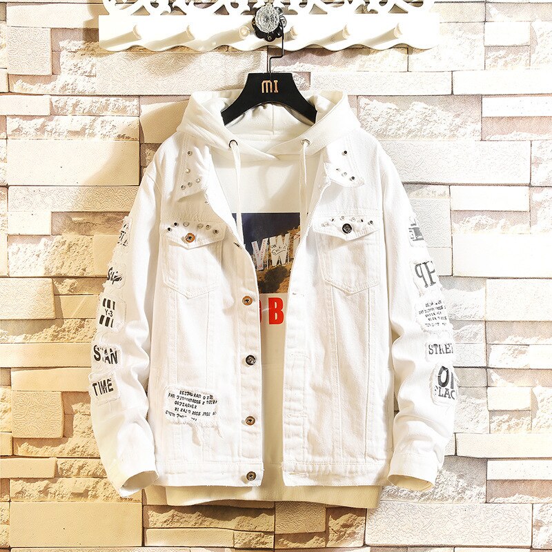#3446 Red White Yellow Black Ripped Punk Denim Jacket Men Letters Print High Street Hip Hop Jeans Jacket Harajuku Spring Autumn: White / M