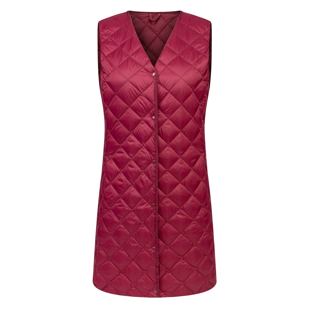 Newbang matte stof lange damesvest ultralicht donsvest damesjas dames slim mouwloos zonder kraag: Wijn / M