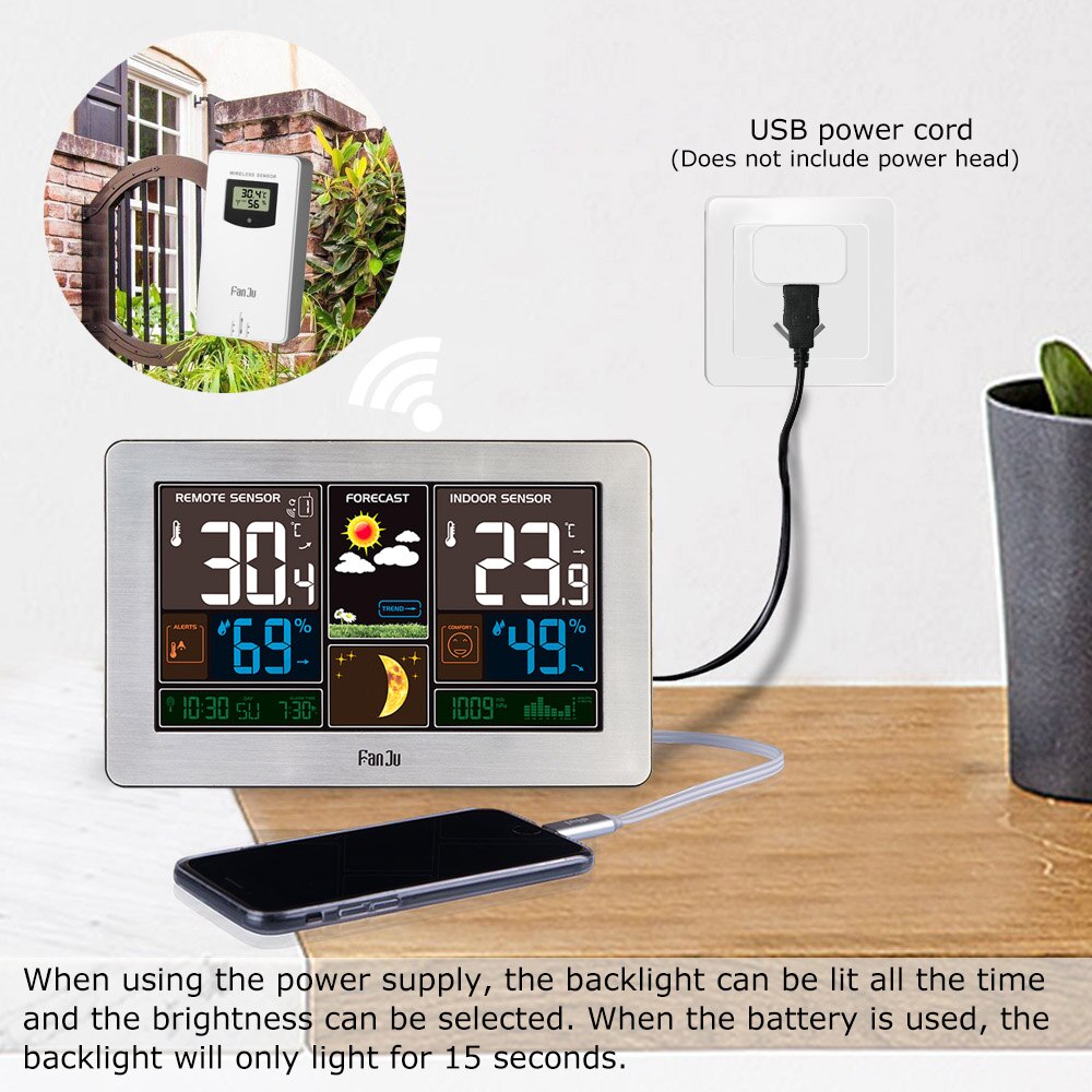 FanJu Weather Station Digital Wall Alarm Clock Table Desk Clocks Thermometer Hygrometer Barometer Wireless Outdoor Sensor FJ3378