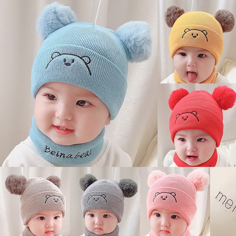 2Pcs Toddler Hat +Twitter Pompon Winter Children Hat Bonnet Enfant Knitted Cute Cap For Girls Boys 0-36 Months