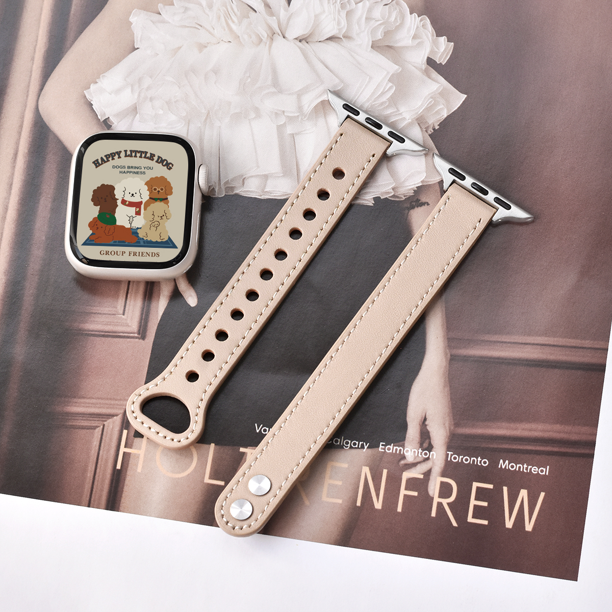 Tynd pu-læderrem til apple watch-rem 10 42/46mm 41/45 mm slank rem til iwatch loop  s9/8/7 se 6/5/4 40/44mm 42mm 38mm: Beige / 18mm