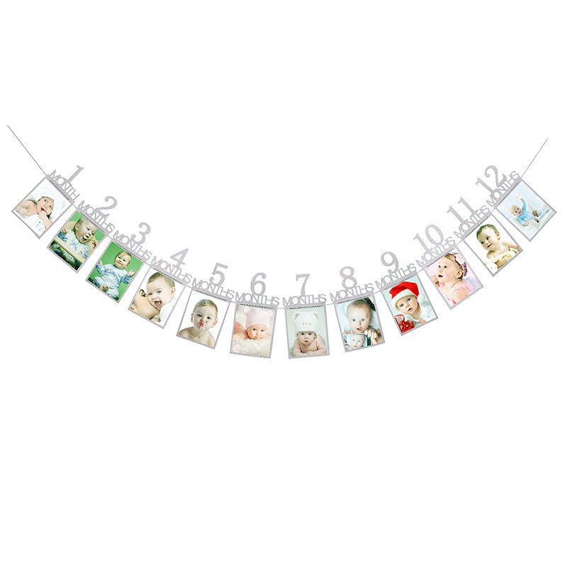 Nummer Frame Kids Decoraties 1-12 Maand Baby Foto Houder Foto Banner Maandelijkse Fotolijst Muur Baby foto Map: Zilver