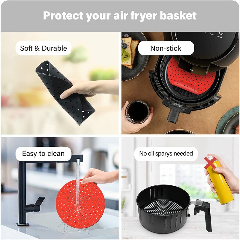 Air Fryer Liner Silicone Mat Heat-Resistant Non-Stick Reusable Basket Pad For 7.5~9-Inch Air Fryer Steamer Cooking Kitchen Tool