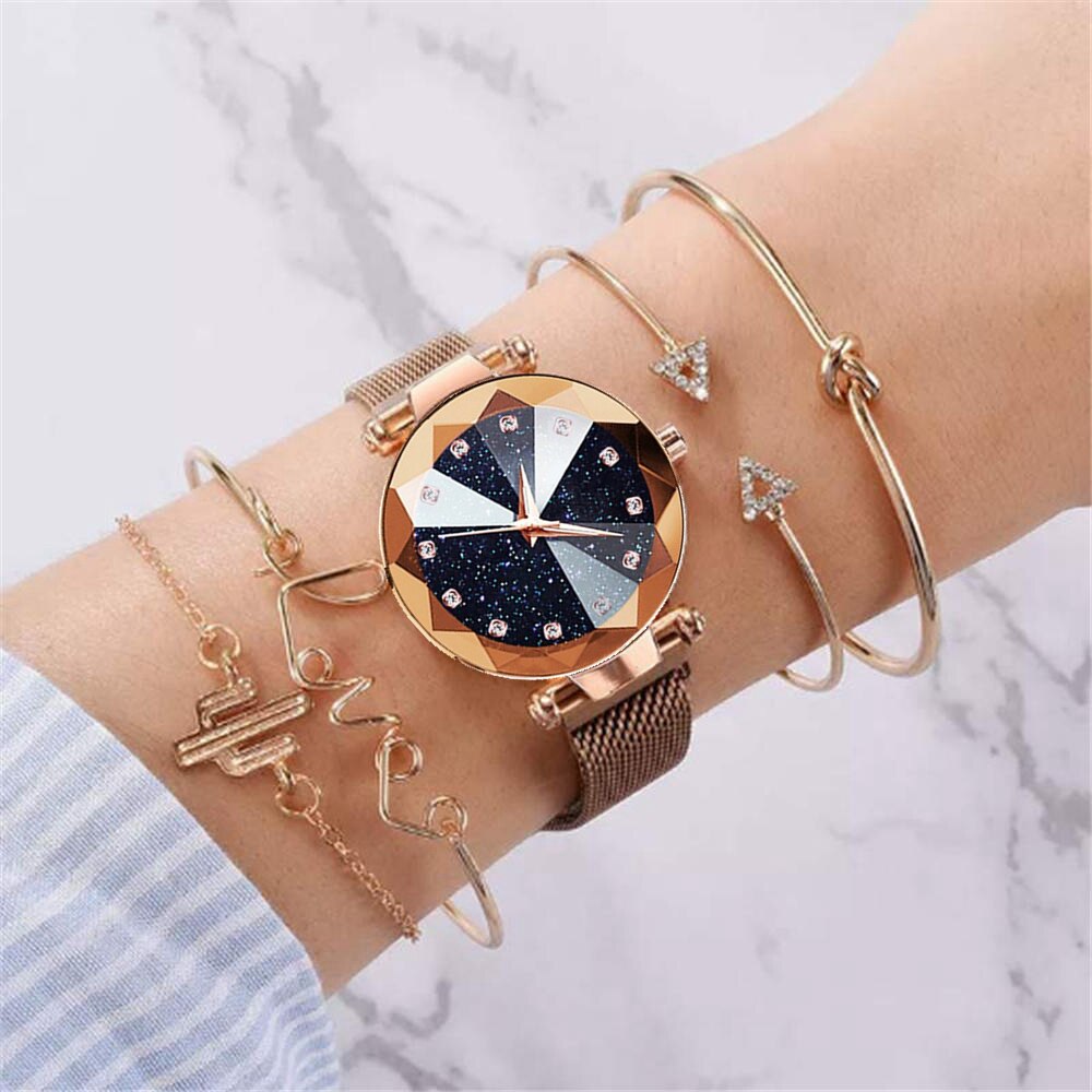 Set de 5 uds de relojes de pulsera de lujo para mujer con de cielo estrellado y rosa dorado con imán y hebilla, reloj de pulsera de , reloj sencillo para mujer