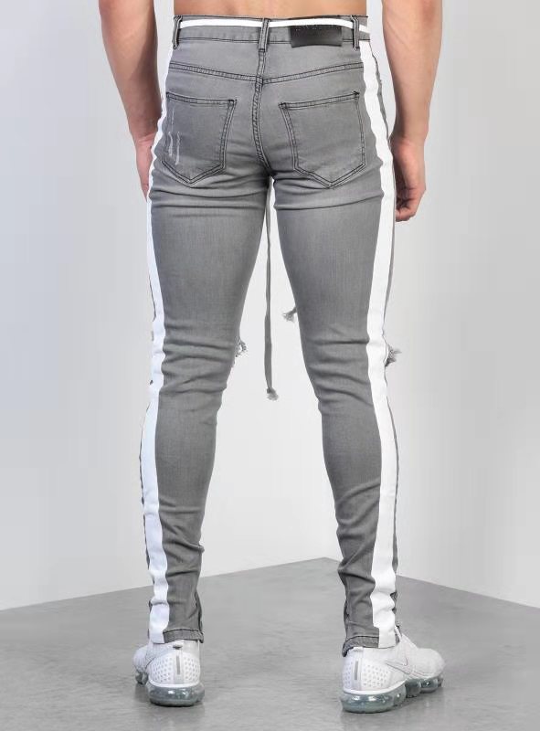 Pantalones vaqueros rasgados de Color gris S-3xl tallas pequeñas pantalones vaqueros ceñidos con agujeros decoración para hombres pantalones vaqueros rasgados con rayas blancas laterales nuevos Pantalones