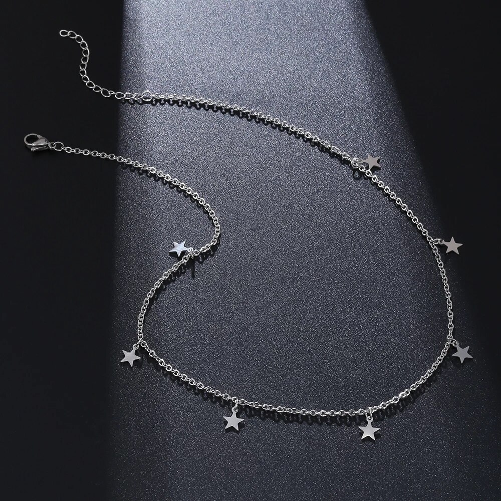 Een Stuk Goud Rvs 7 Sterren Ketting Voor Vrouwen Meisje 40Cm Lengte Sleutelbeen Ketting Chokers Ketting Femme Kraag sieraden: Silver-Necklace