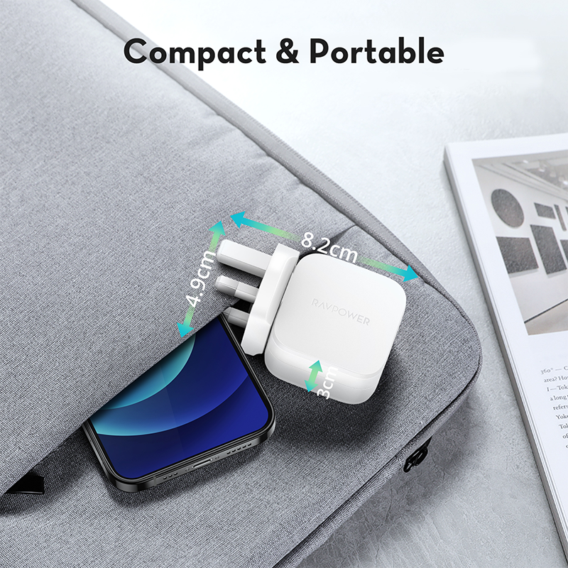 RAVPower-cargador rápido RP-PC148 de 25W, adaptador de carga rápida USB C, enchufe británico, PD, para iPhone 12 Pro Max MacBook Tablet
