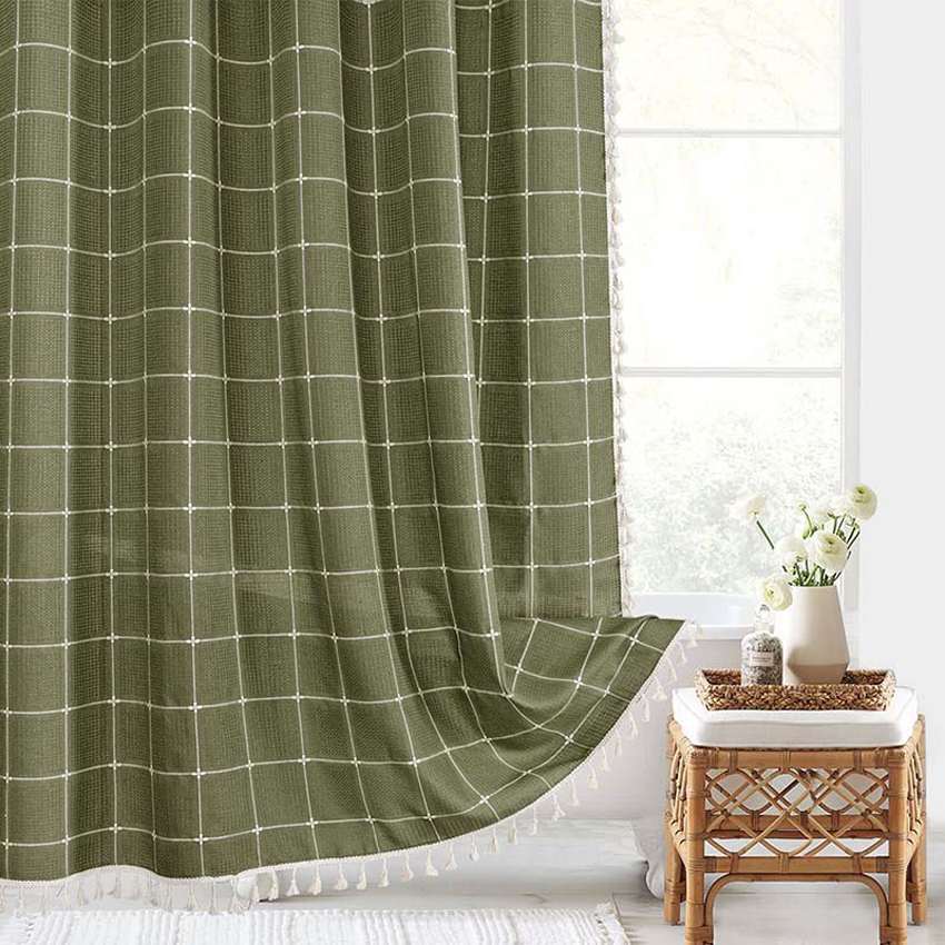 Jacquard-Leinen-Duschvorhang mit Quasten, nordische wasserdichte dicke Badvorhänge für Badezimmer, Badewanne, Badeabdeckung mit Haken: 180*230cm / Klar