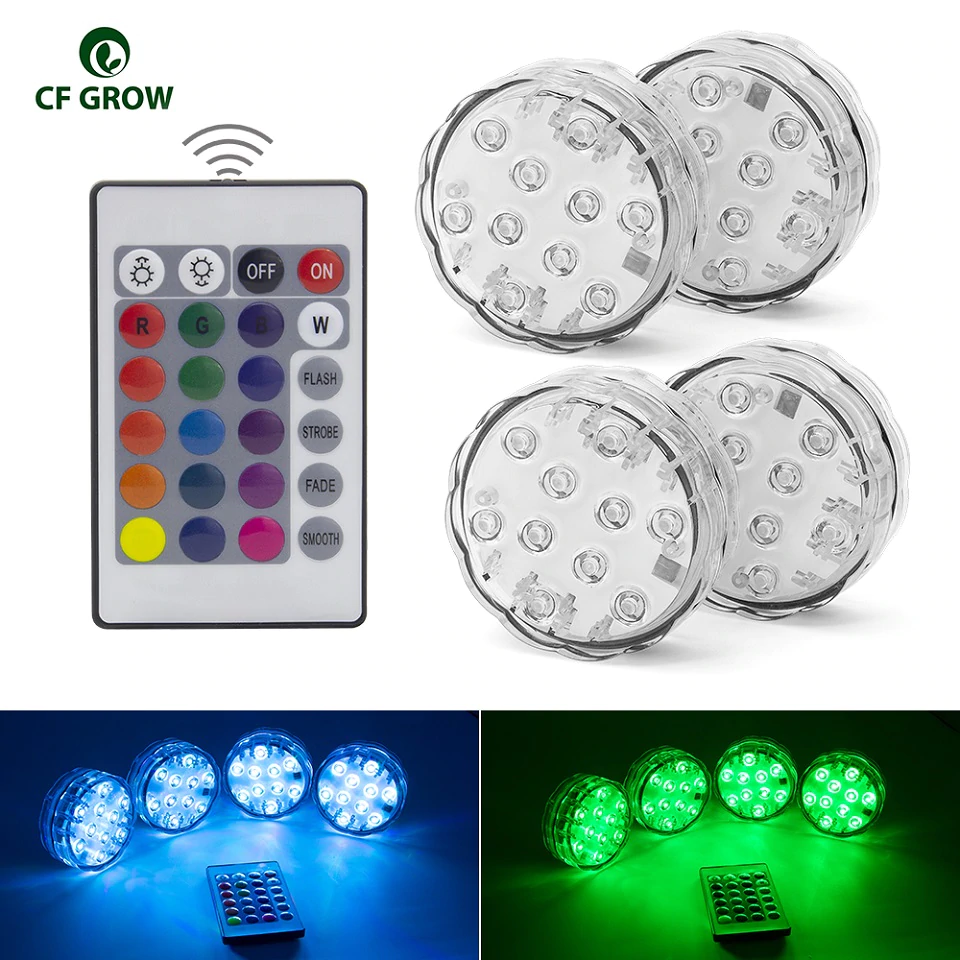 10 Led Waterproof RGB Battery Remote Controlled Submersible LED Underwater Light for Vase Aquarium and Outdoor Party Decoration