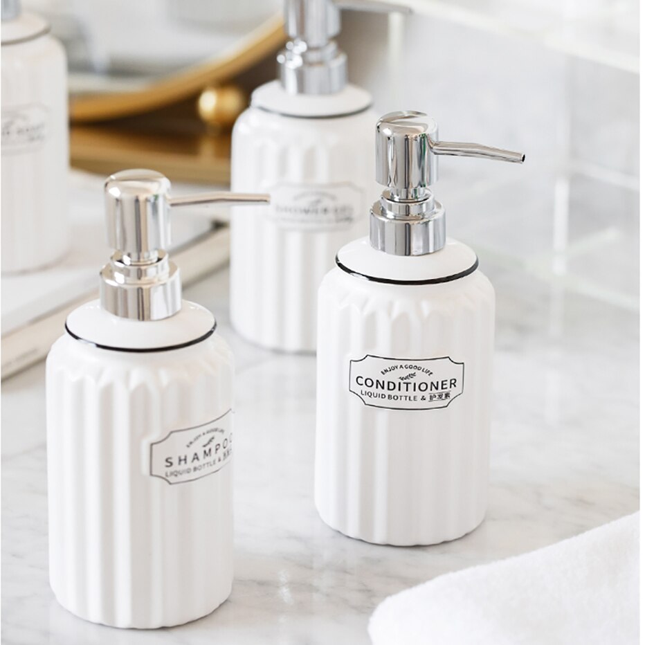 Ceramic Soap Dispenser Bottle White Large-capacity Shower Gel Shampoo Press Bottle Fillable Bathroom Empty Bottle