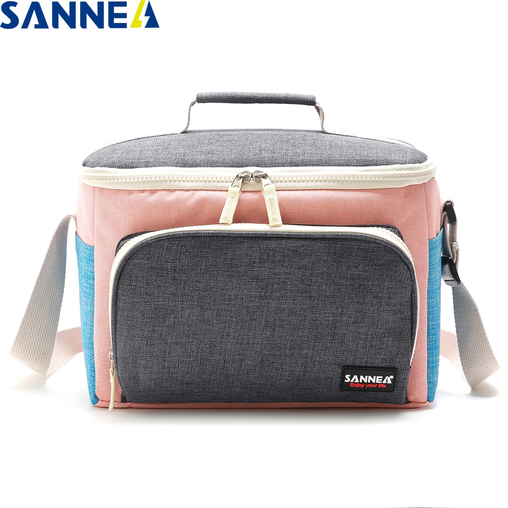 SANNE 9L Polyester Oxford Thickening Insulated Cooler Bag Front With a Pocket Portable Shoulder Strap PEVA Inner Lunch Bag