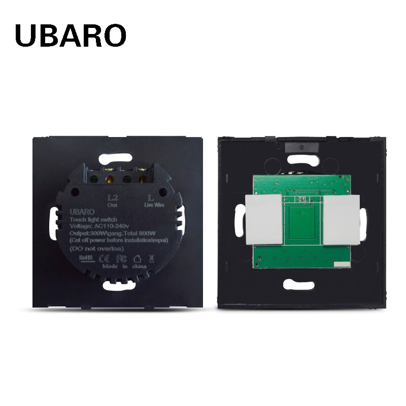 UBARO EU/UK Interruptor táctil de pared de cristal sin Material PC carcasa negra de 2 vías