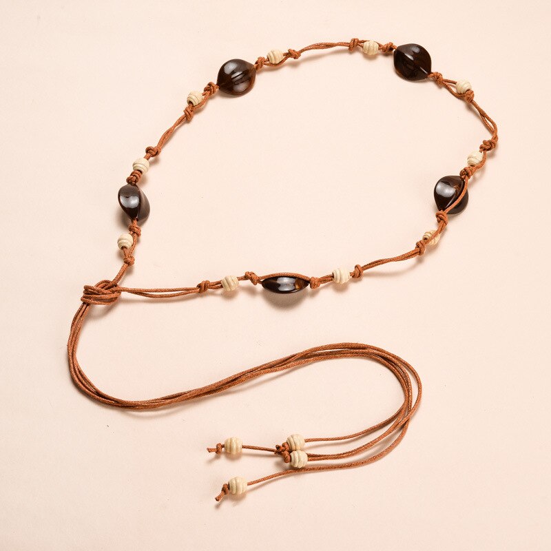KASURE, Correa trenzada de cuentas acrílicas para mujer, cinturón Vintage bohemio, cinturón tejido, borla de punto, vestido informal, cinturones bohemios: brown