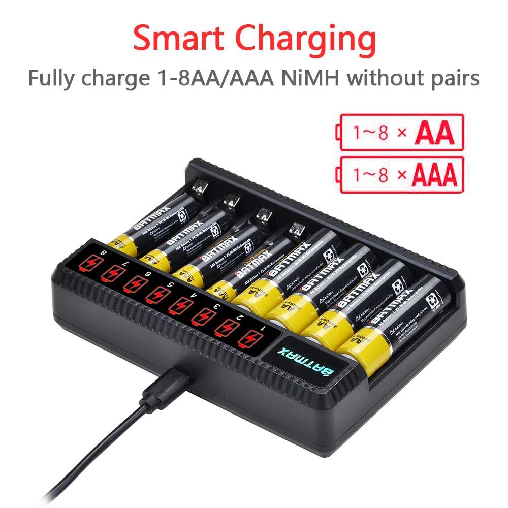 1.2v nimh aa batteri aa aaa oppladbart batteri  + 8- spor lader til lommelykter, fjernkontroller, lekebatteri