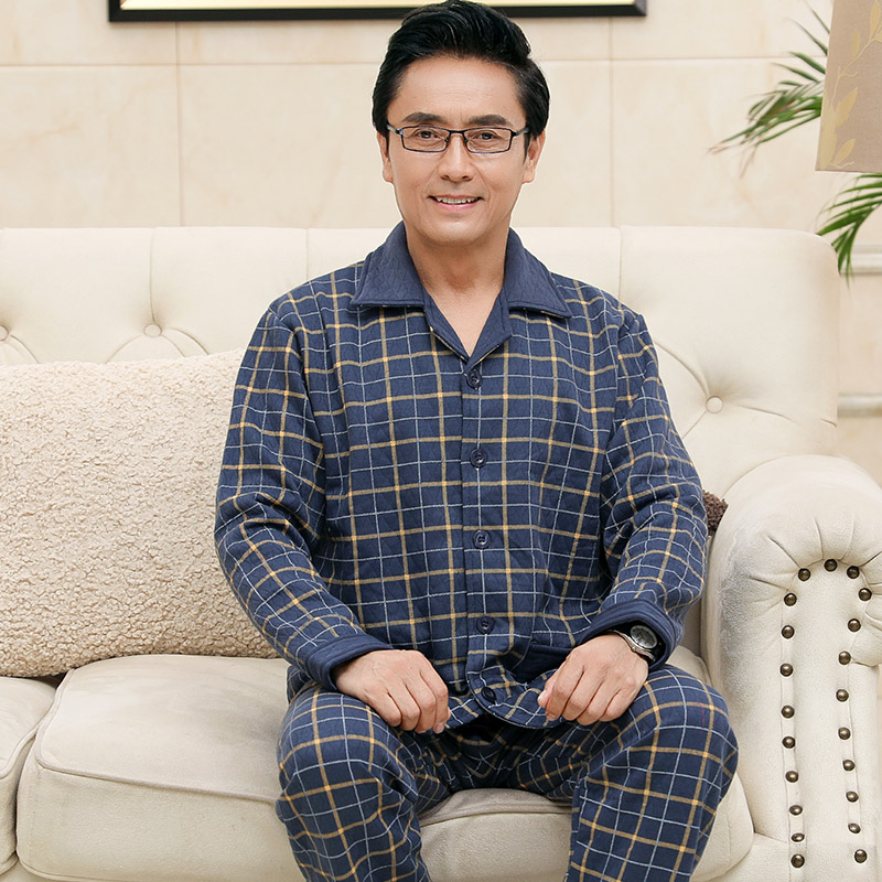 Efterår vinter strikket bomuld quiltet herre pyjamas plaid pyjamas sæt afslappet mandlig nattøj pyjamas nat pyjamas m -4xl hjemmetøj: Xxxl
