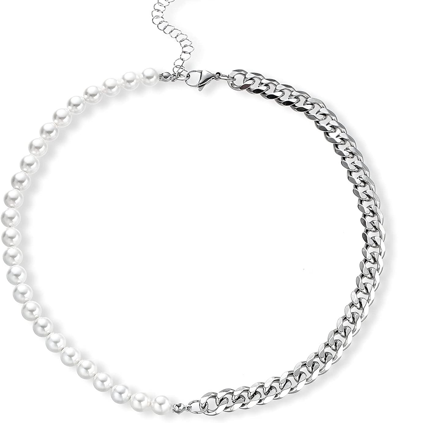 Collana di perle per uomo-collane a mezza catena con mezza perla catene a maglie cubane per gioielli da uomo in acciaio inossidabile