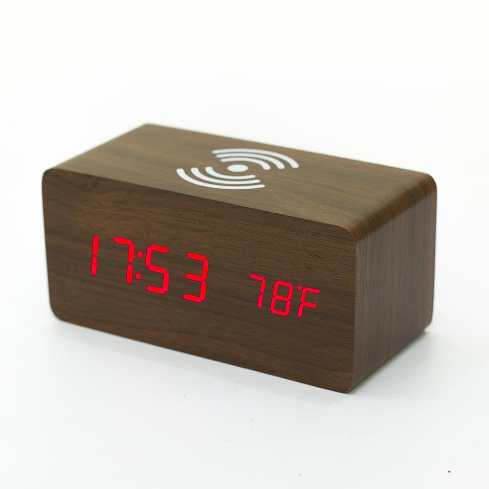 Wooden LED Electric Digital Alarm Clock Multifunctional Thermometer Clock Mobile phone Wireless Charging Clock: 3