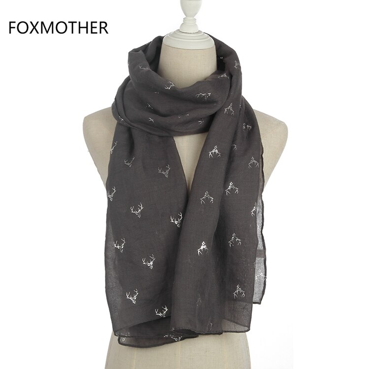 Foxmother modieuze donkergrijze bronzen zilveren eland hertenkop lange sjaal sjaals voor dames vrouwen kerst: Donkergrijs