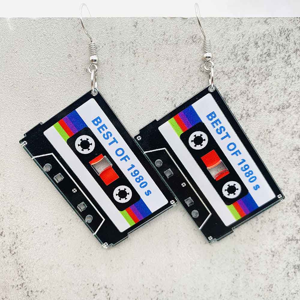Pendientes de registro de película con cinta de casete de estilo Vintage, pendientes para entusiastas de la música, color blanco y negro, para entusiastas de la música navideña: Chapado en zinc azul