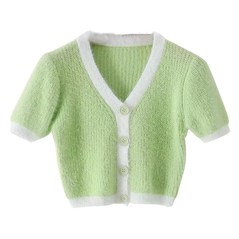 Vrouwen Breien Single-Breasted Button V-hals Cropped Vest Shaggy Trui Cool Girl Blootgesteld Navel Lange Mouwen Jumper: green short sleeve