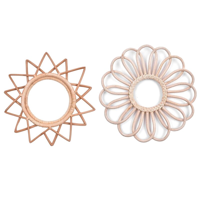 2x vintage ronde decoratieve wandspiegellijsten bohemian chic wandspiegel rotan lijst