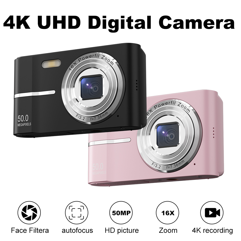 Cámara Digital con enfoque automático, 50MP, FHD, 1080P, cámara para niños, Zoom 16x, cámaras de vídeo Flash integradas, de cumpleaños para adultos y niños