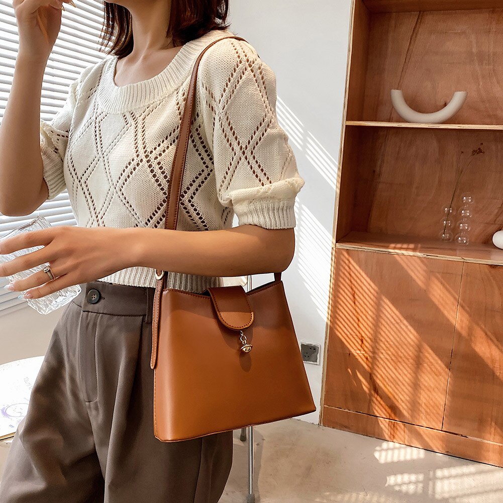 Women PU Leather Pure Color Crossbody Shoulder Messenger Bag Ladies Vintage Zipper Bucket Bags