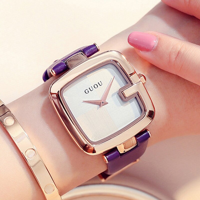 GUOU Women's Watches Square zegarek damski Luxury Ladies Bracelet Watches For Women Leather Strap Clock Saati: Purple