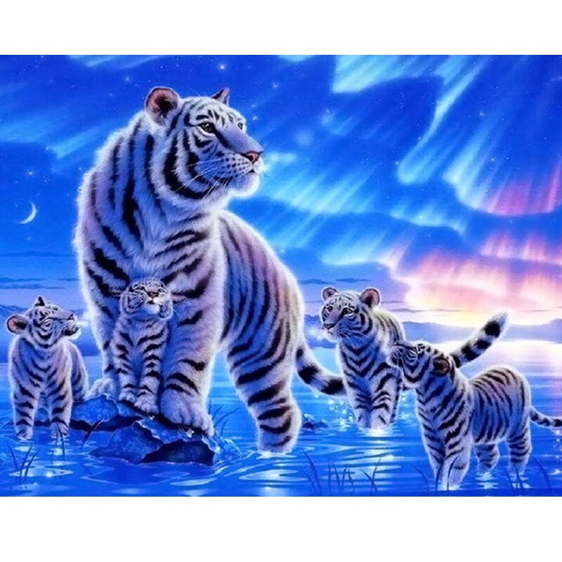 Tigerfamilie .40 x 50cm, maleri efter tal, gør-det-selv, vægkunst, stuedekoration, natur, figur, dyr, blomst, tegneserie