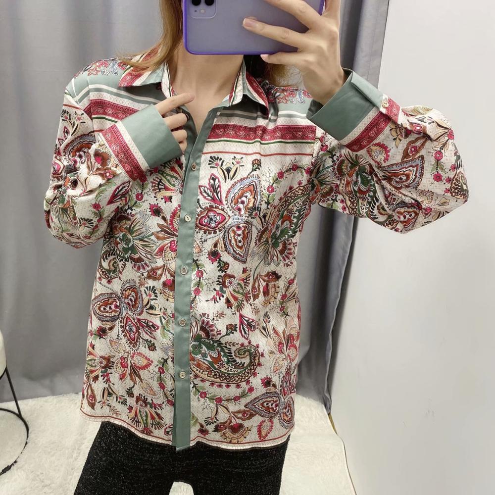 Kvinnor vintage färg matcha totem blomma tryck avslappnad smock blus kontor dam bära skjortor chic chemise femininas toppar  ls6365