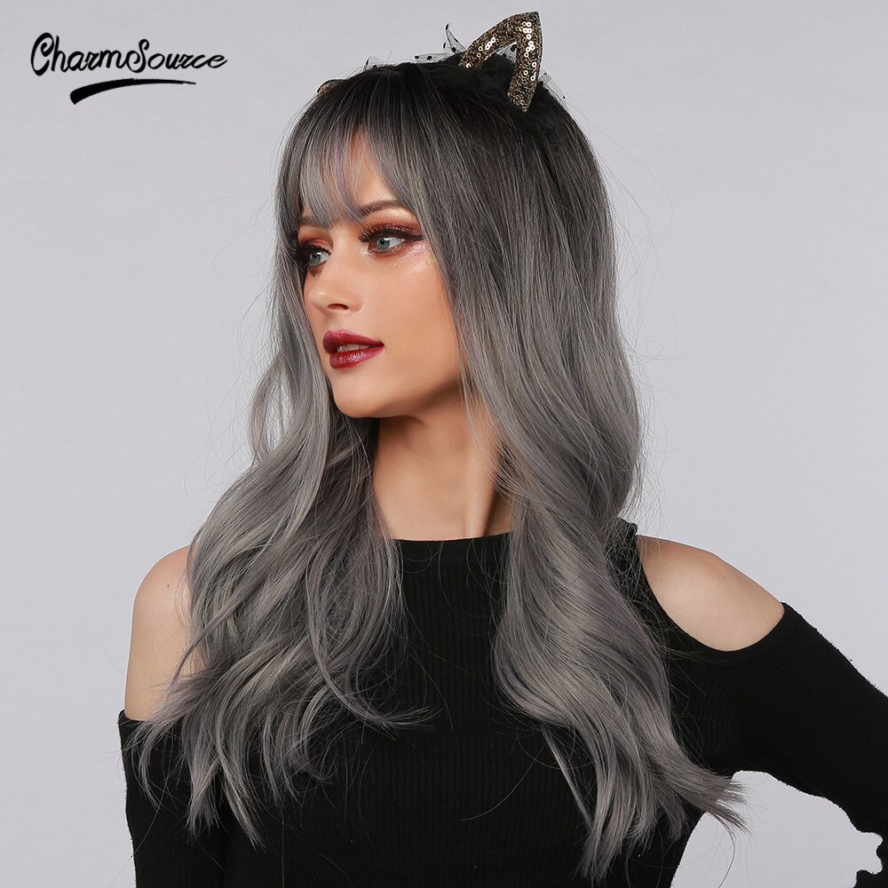 CharmSource-pelucas postizas onduladas con flequillo sintéticas para mujer, color gris, Plata largos, pelo Natural, resistente al calor