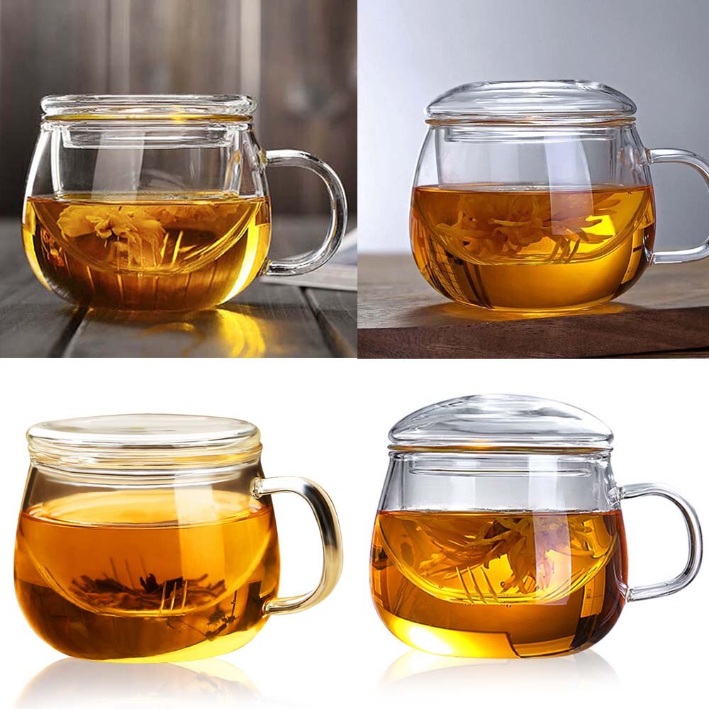 Behogar 12oz Clear Borosilicate Glass Teacup Cups Kettle Mini Teapot with Infuser Basket and Lid for Loose Tea Leaf Brewing