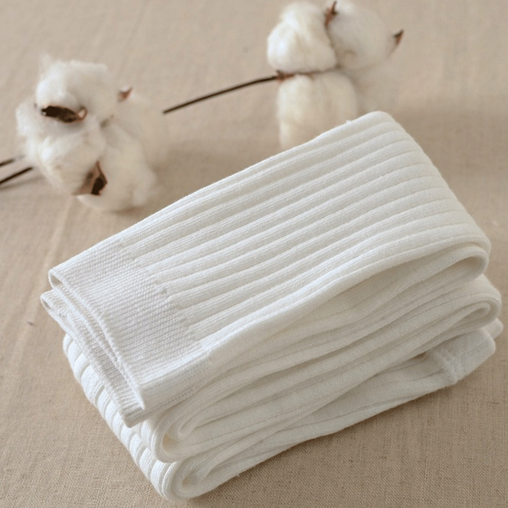 Meia-calça feminina para crianças, 0-5 anos, meias-calças longas de malha de algodão, cores caneladas e crochê, quentes para outono e inverno: Branco / 0-1Y