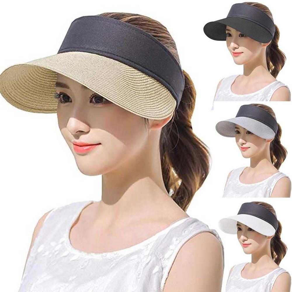 women summer Straw Bohemia Sun Hats pearl packable sun visor hat big heads wide brim beach hat UV protection female cap white