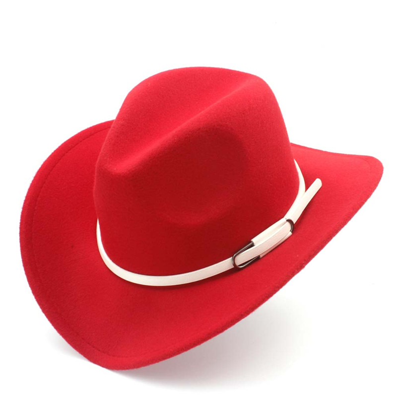 retro kvinner menn ull vestlig cowboyhatt rull-opp avlet kant filt cowgirl jazz gudfar sombrero lokk med hvitt belte størrelse 56-58cm: Rød