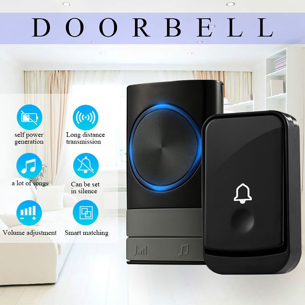 Self-powered Wireless Doorbell US Plug No Battery Waterproof 150m Range Push Button Door Bell Ring Chime For Light LED: Option 1-1-B / UK Plug