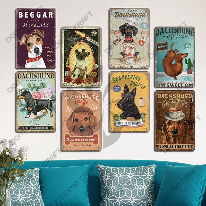 Póster de perros bonitos, carteles de Metal de estaño, placa de Metal Vintage Bulldog Dachshund, decoración artística de pared para cafetería, cocina, jardín y hogar