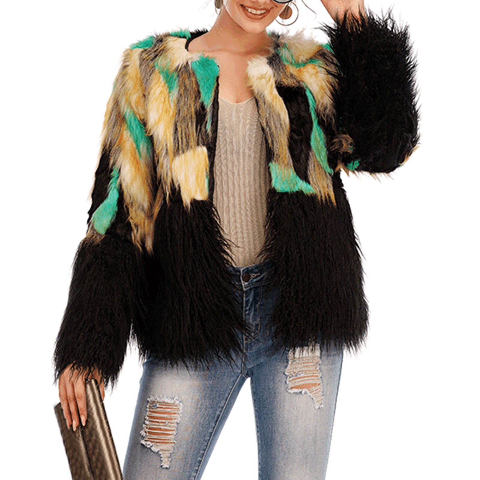 Chaqueta de pelo de imitación para mujer, abrigos de gran tamaño con abertura frontal, peludos, prendas de vestir de invierno, suéter suelto y grueso para mujer