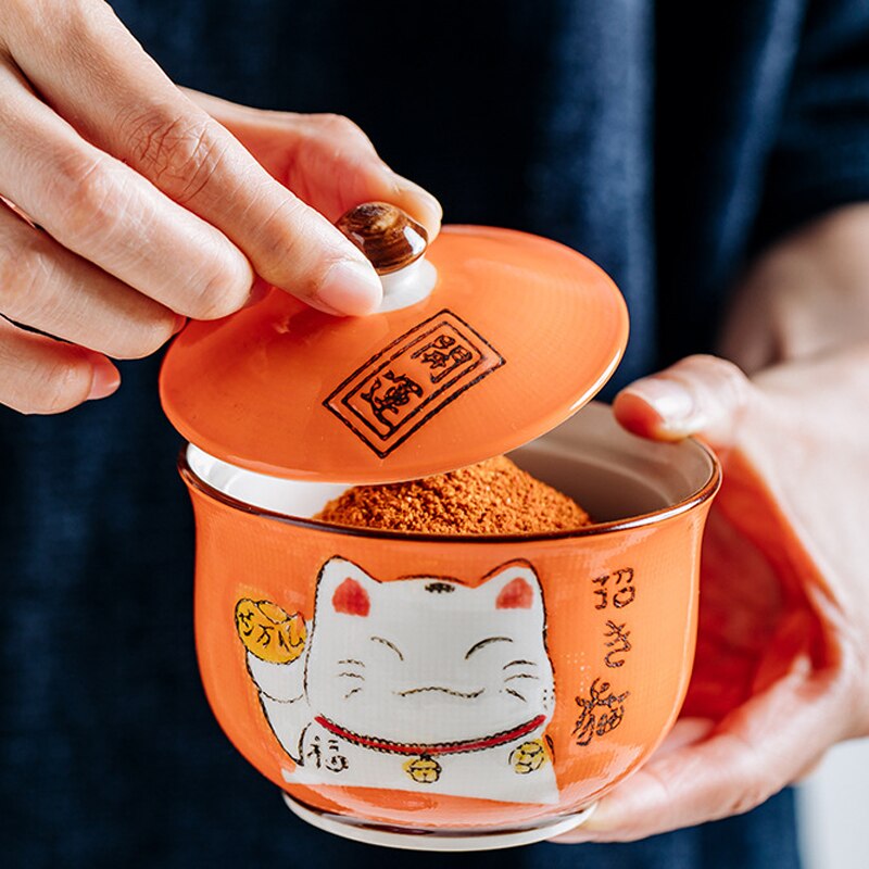Tanque de condimentos de cerámica con forma de gato de dibujos animados japoneses, cuchara de cerámica, salero, tarro de especias, accesorios de cocina, caja