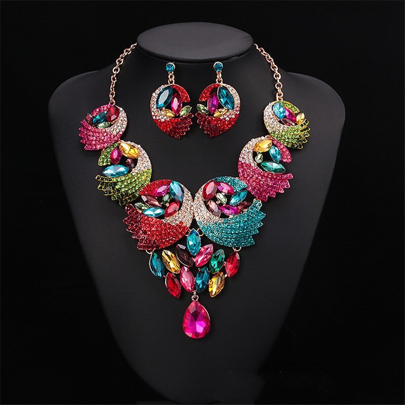 Luxe kleurrijke kristallen veer sieraden sets ketting oorbellen bruids bruiloft strass sieraden accessoires sets voor vrouwen: Multi