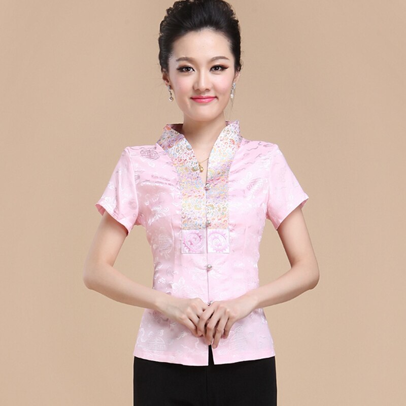 Summer women top Tang suit hanfu women топ middle-aged and elderly mother colothing Chinese style cheongsam shirt plus size: pink / M