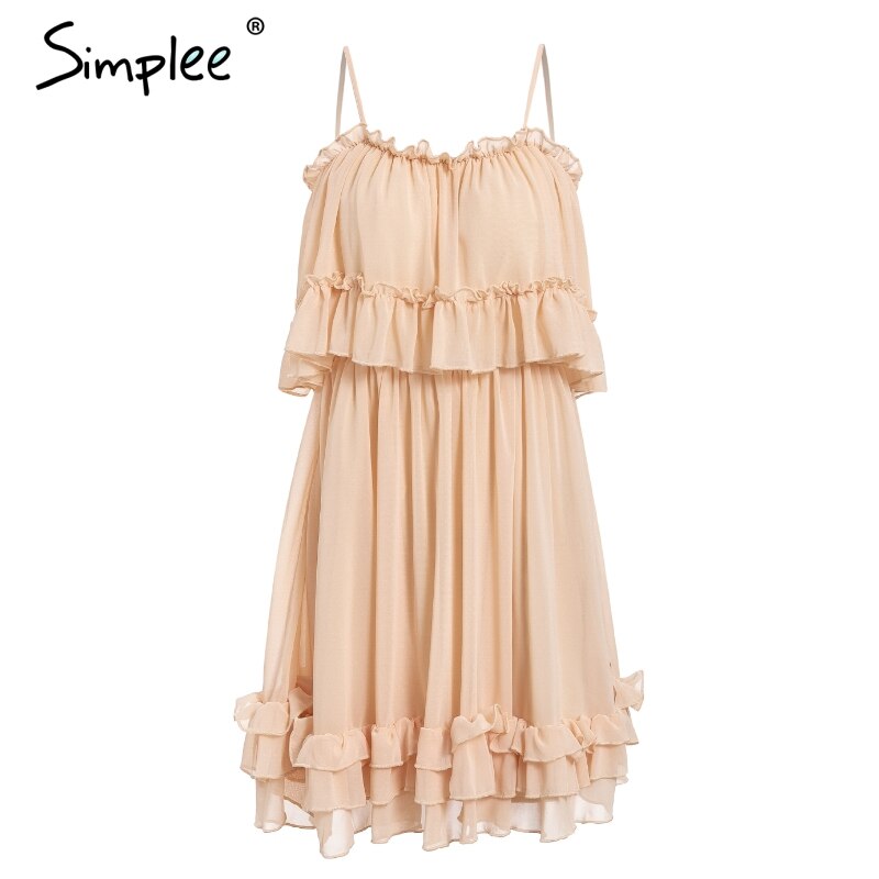 Simplee off shoulder kvinder kjole flæserrem chiffon sommer kjoler afslappet kvindelig blå kort vestidos: Khaki / M