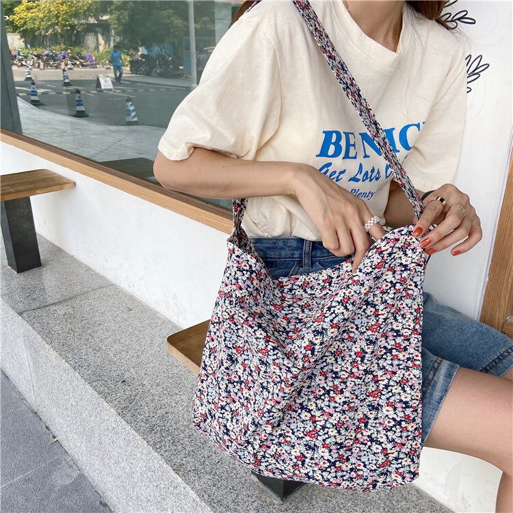 Mode Bloemen Dames Tote Handtassen Katoenen Doek Vrouwen Bloem Schouder Messenger Bags Eenvoudige Herbruikbare Meisjes Grote Boodschappentas: F