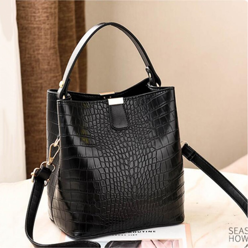 Laamei Solid Handbag Bucket Bags Women Pattern Handbag High Capacity Casual Crocodile Shoulder Messenger Bags Ladies PU Purse