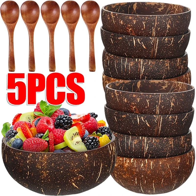 Natural Coconut Bowls For Serving Dishes Wooden Reusable Bowl Utensils Wood Spoon Natural Coconut Shell Bowls Kitchen Dinner Set