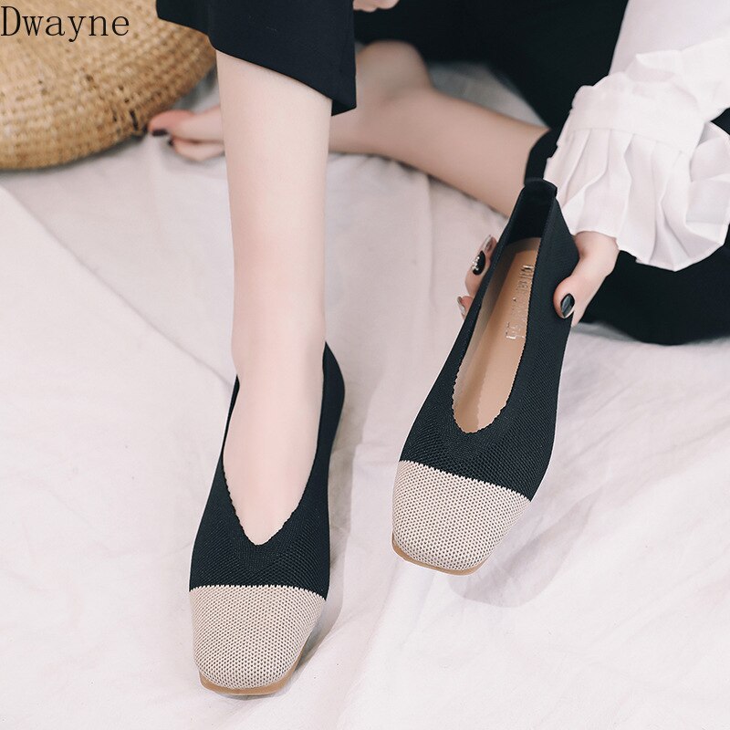 Ms. Grandma's shoes square head shallow mouth one foot peas shoes knit flat single shoes wild
